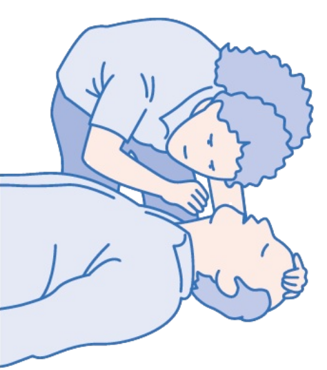 Illustration "Prüfen" - eine Frau beugt sich über einen liegenden Mann und prüft dessen Atemfunktion