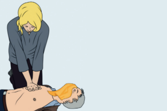 Illustration einer Herzdruckmassage: Eine Frau drückt, über einem Mann gekniet, welcher ein Tuch über Mund und Nase hat, mit beiden Händen auf dessen Brust.
