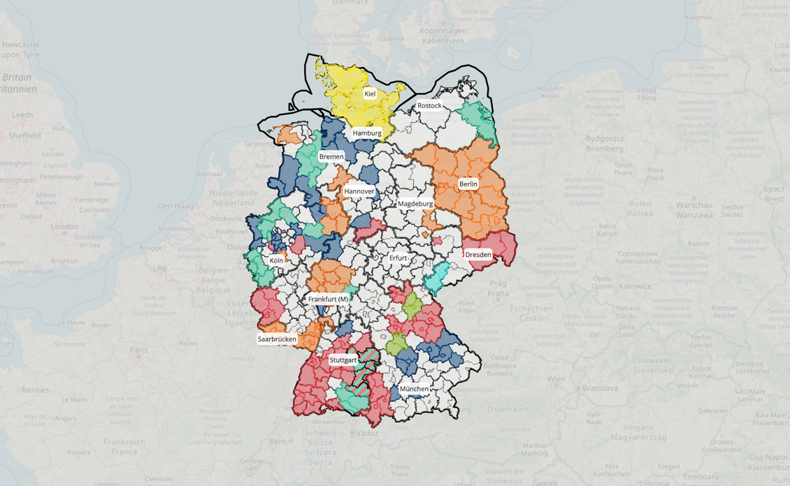 Übersichtskarte Ersthelfersysteme Eine Übersichtskarte von Deutschland